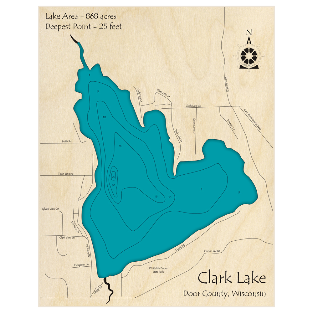 Bathymetric topo map of Clark Lake with roads, towns and depths noted in blue water