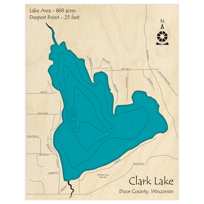 Bathymetric topo map of Clark Lake with roads, towns and depths noted in blue water