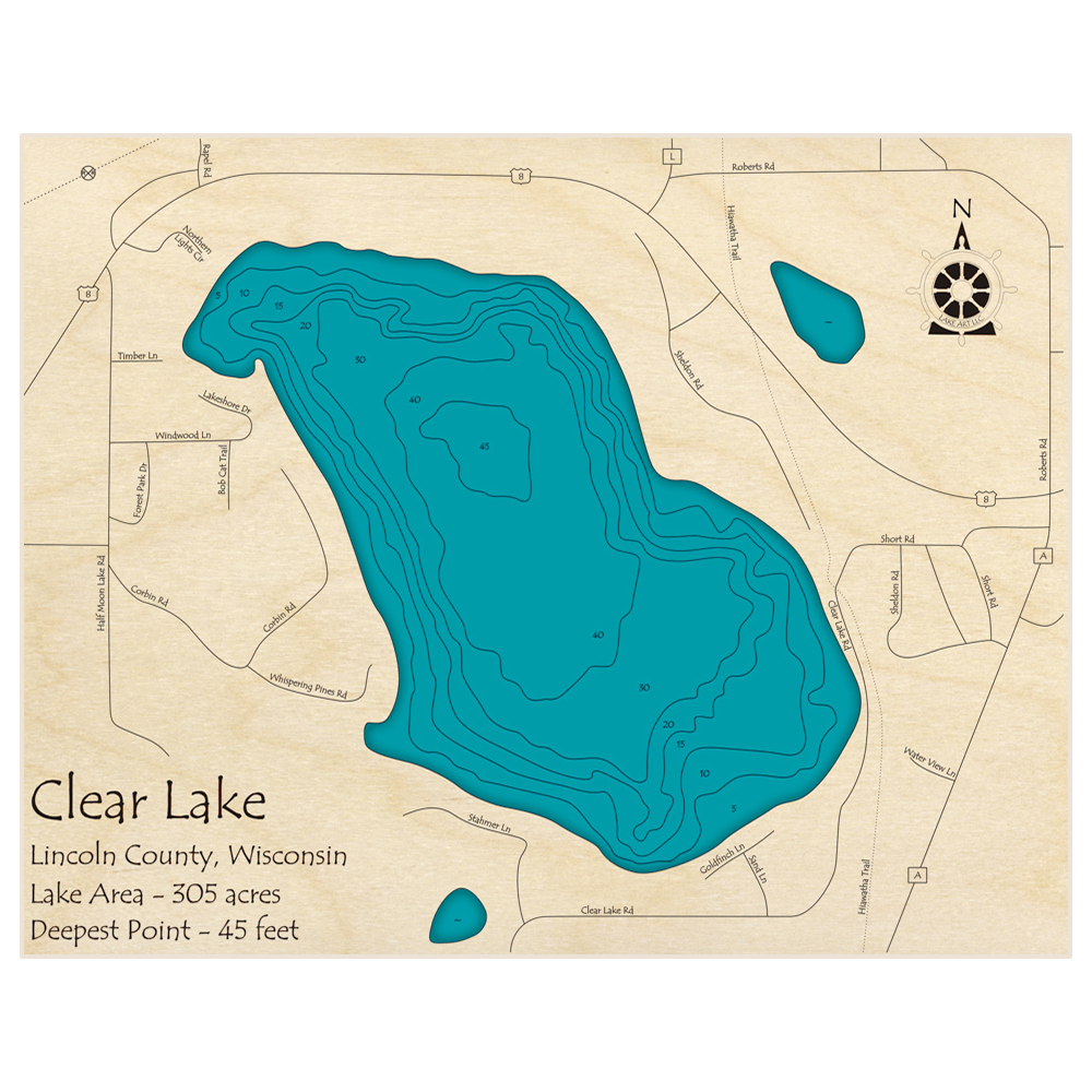 Bathymetric topo map of Clear Lake with roads, towns and depths noted in blue water