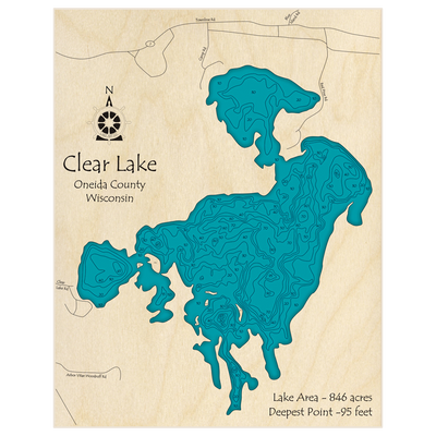 Bathymetric topo map of Clear Lake with roads, towns and depths noted in blue water