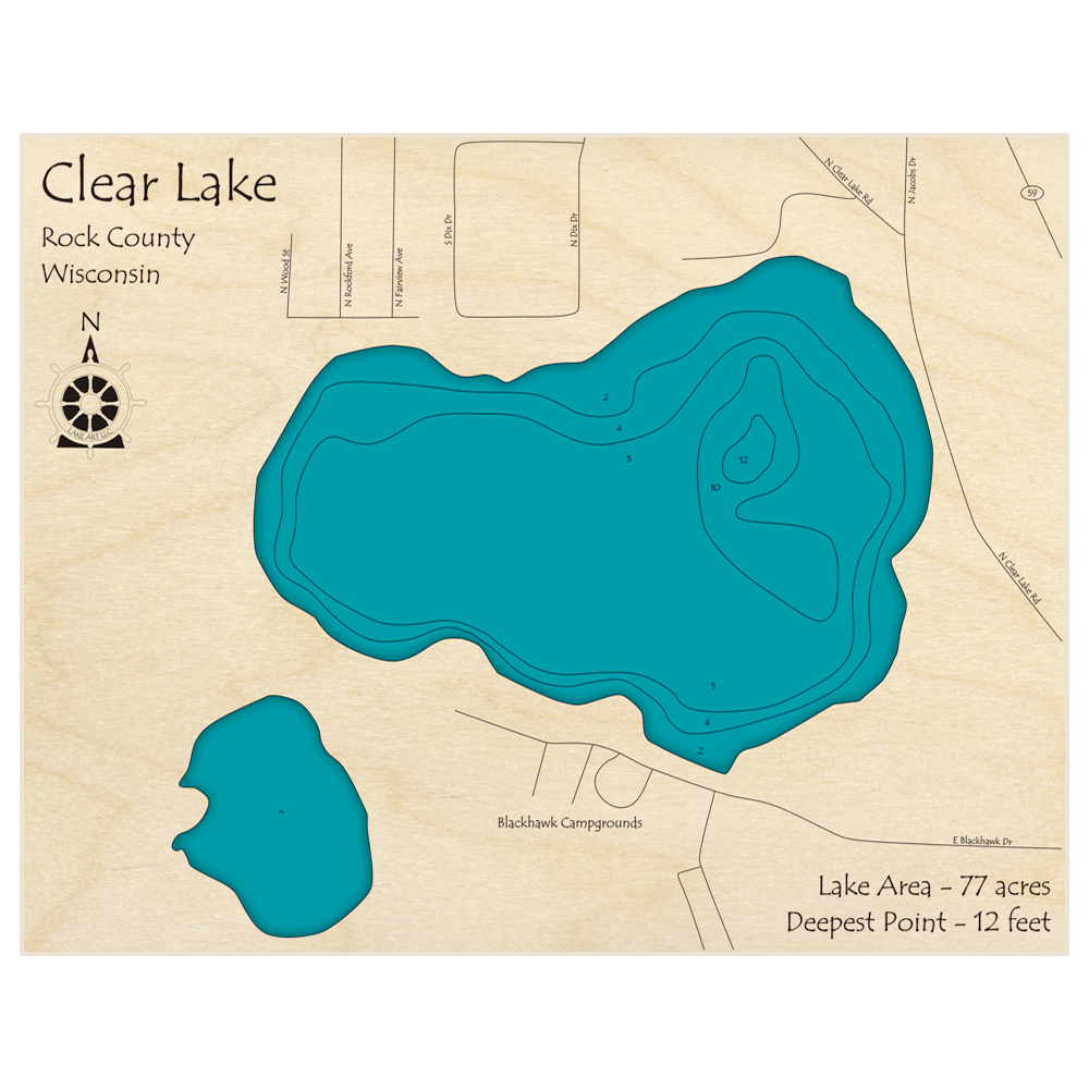 Bathymetric topo map of Clear Lake with roads, towns and depths noted in blue water
