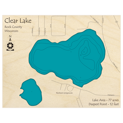 Bathymetric topo map of Clear Lake with roads, towns and depths noted in blue water