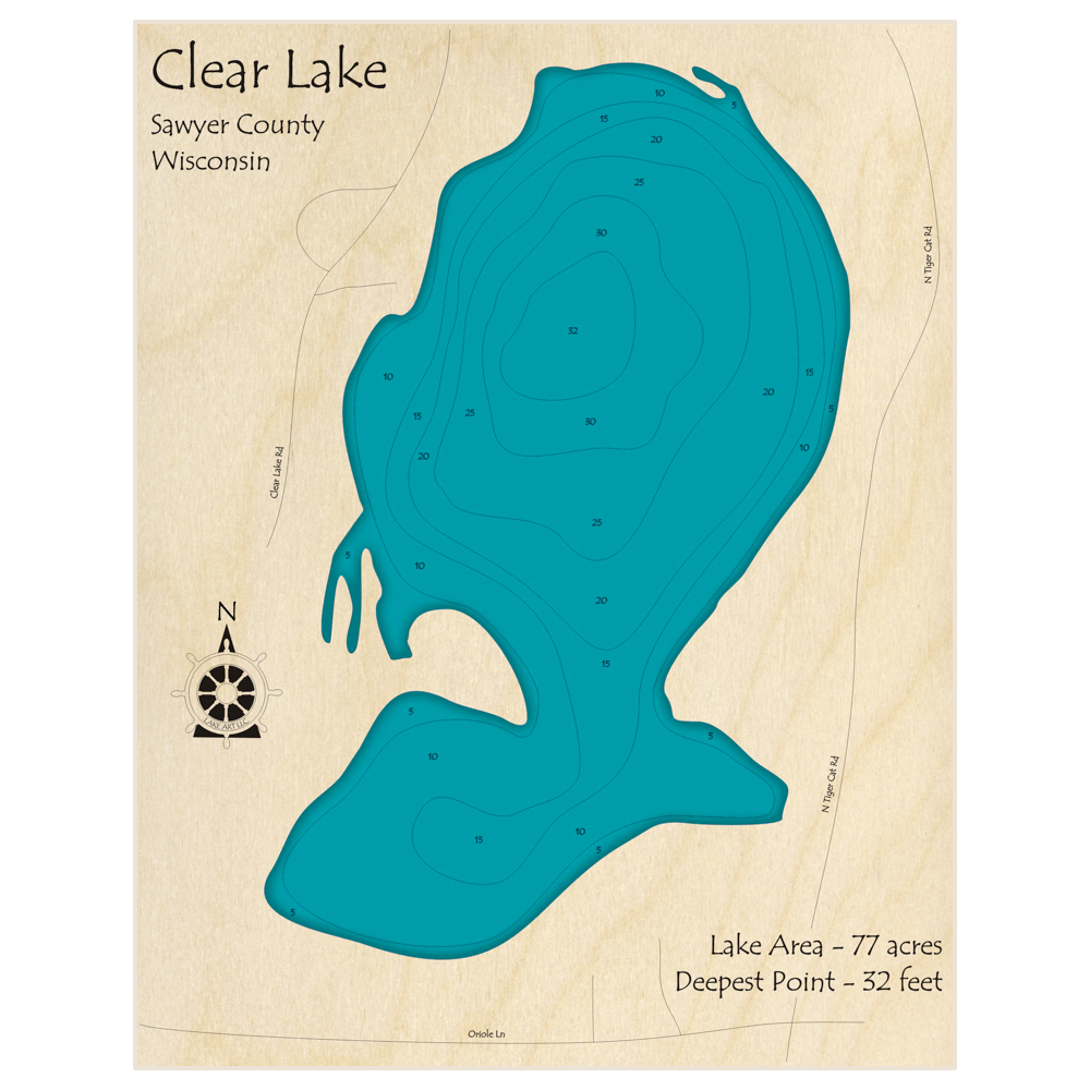 Bathymetric topo map of Clear Lake with roads, towns and depths noted in blue water