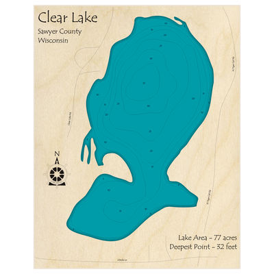 Bathymetric topo map of Clear Lake with roads, towns and depths noted in blue water