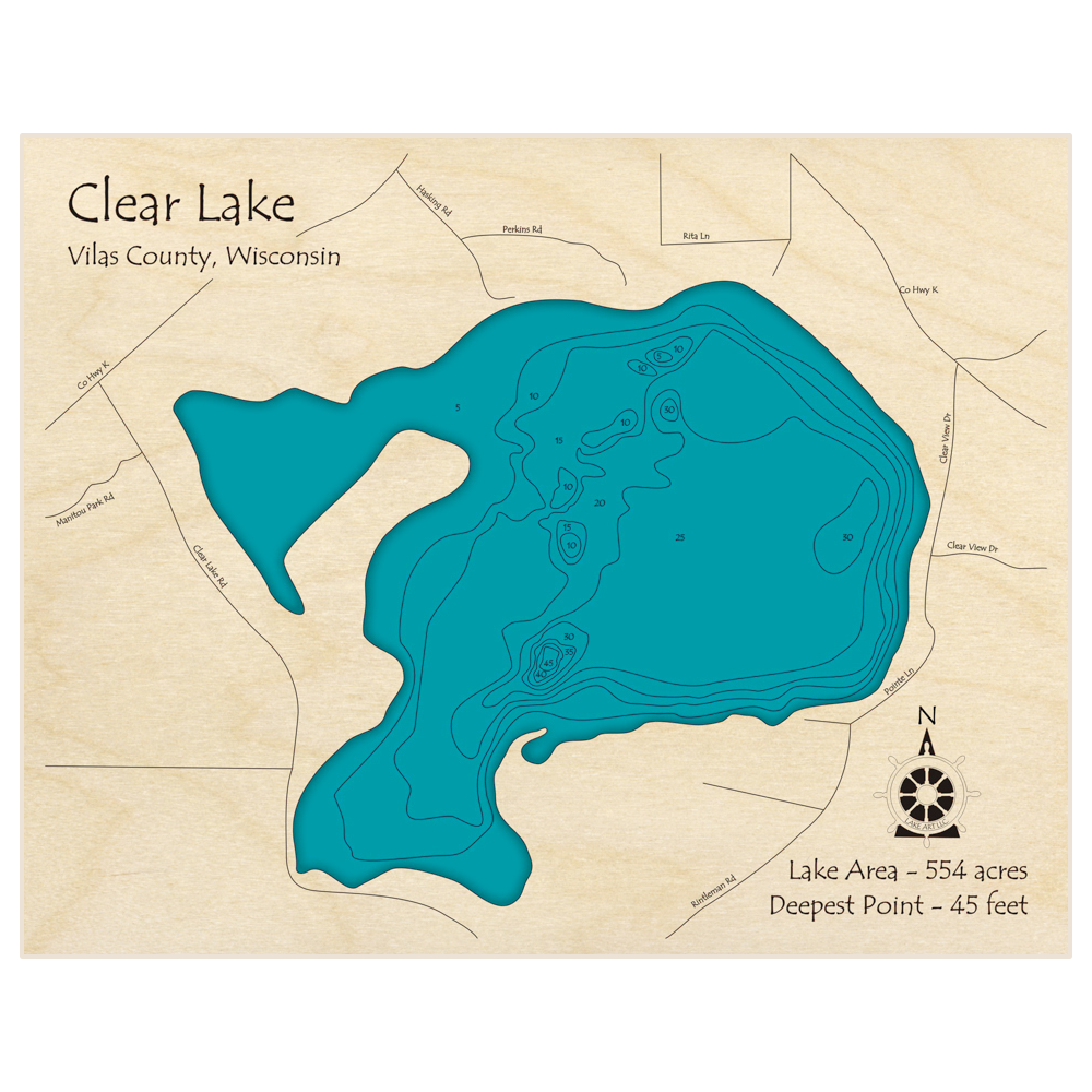 Bathymetric topo map of Clear Lake with roads, towns and depths noted in blue water