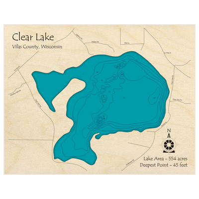 Bathymetric topo map of Clear Lake with roads, towns and depths noted in blue water