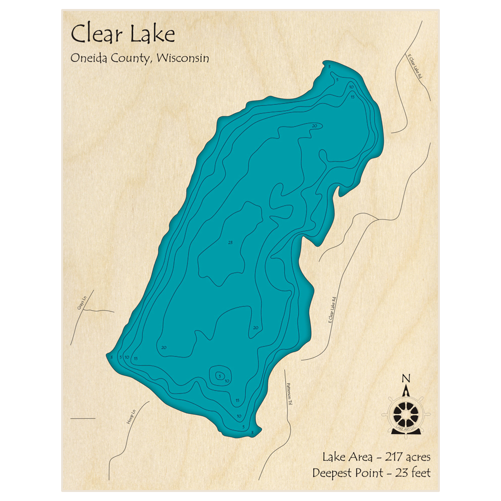 Bathymetric topo map of Clear Lake (Near Lac du Flambeau) with roads, towns and depths noted in blue water