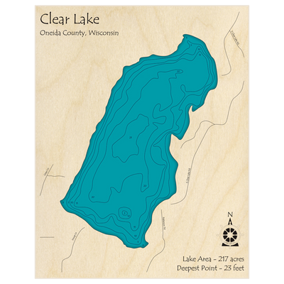 Bathymetric topo map of Clear Lake (Near Lac du Flambeau) with roads, towns and depths noted in blue water