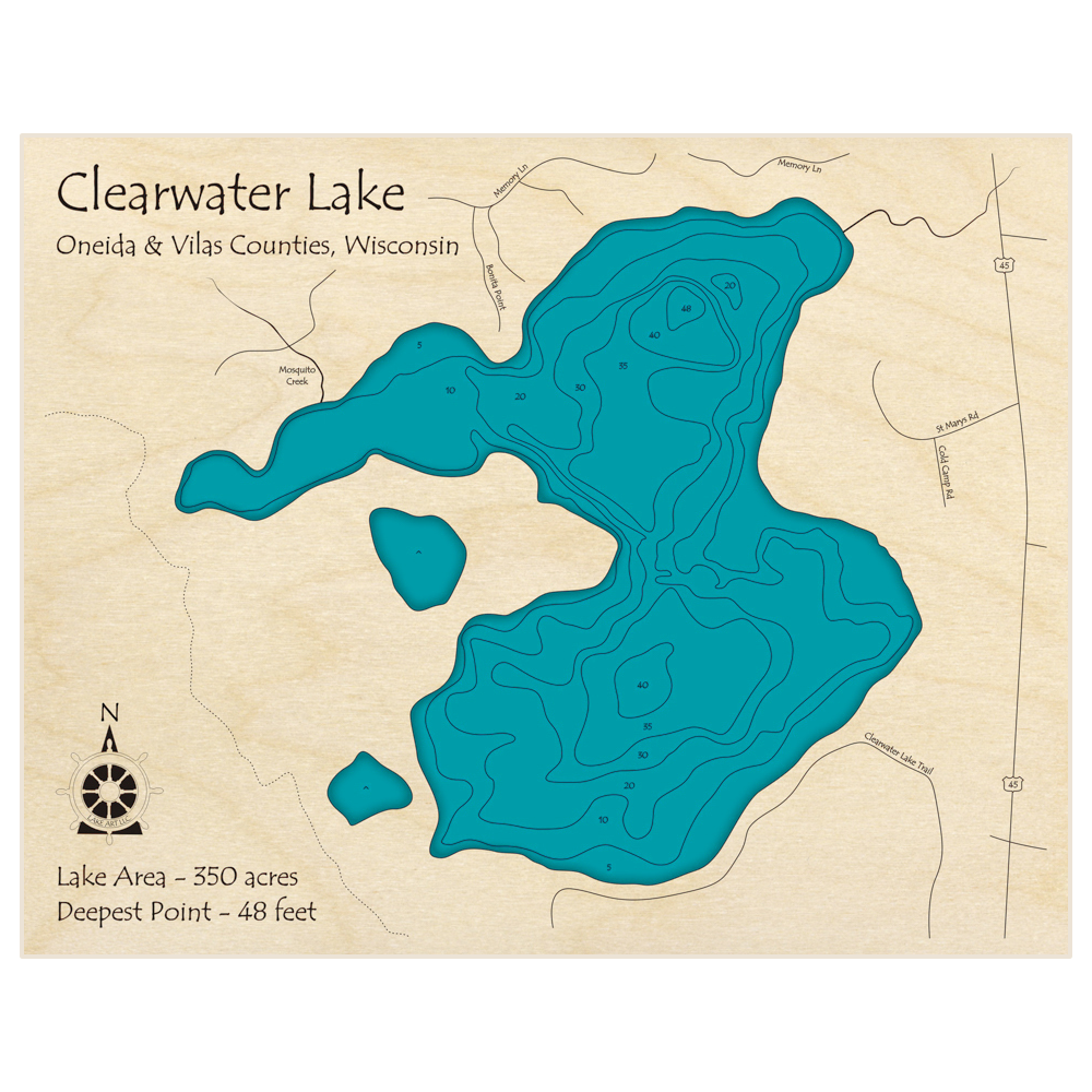 Bathymetric topo map of Clearwater Lake with roads, towns and depths noted in blue water