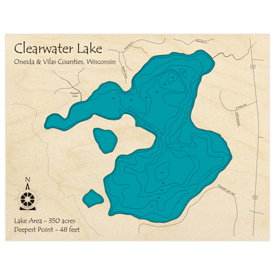 Bathymetric topo map of Clearwater Lake with roads, towns and depths noted in blue water