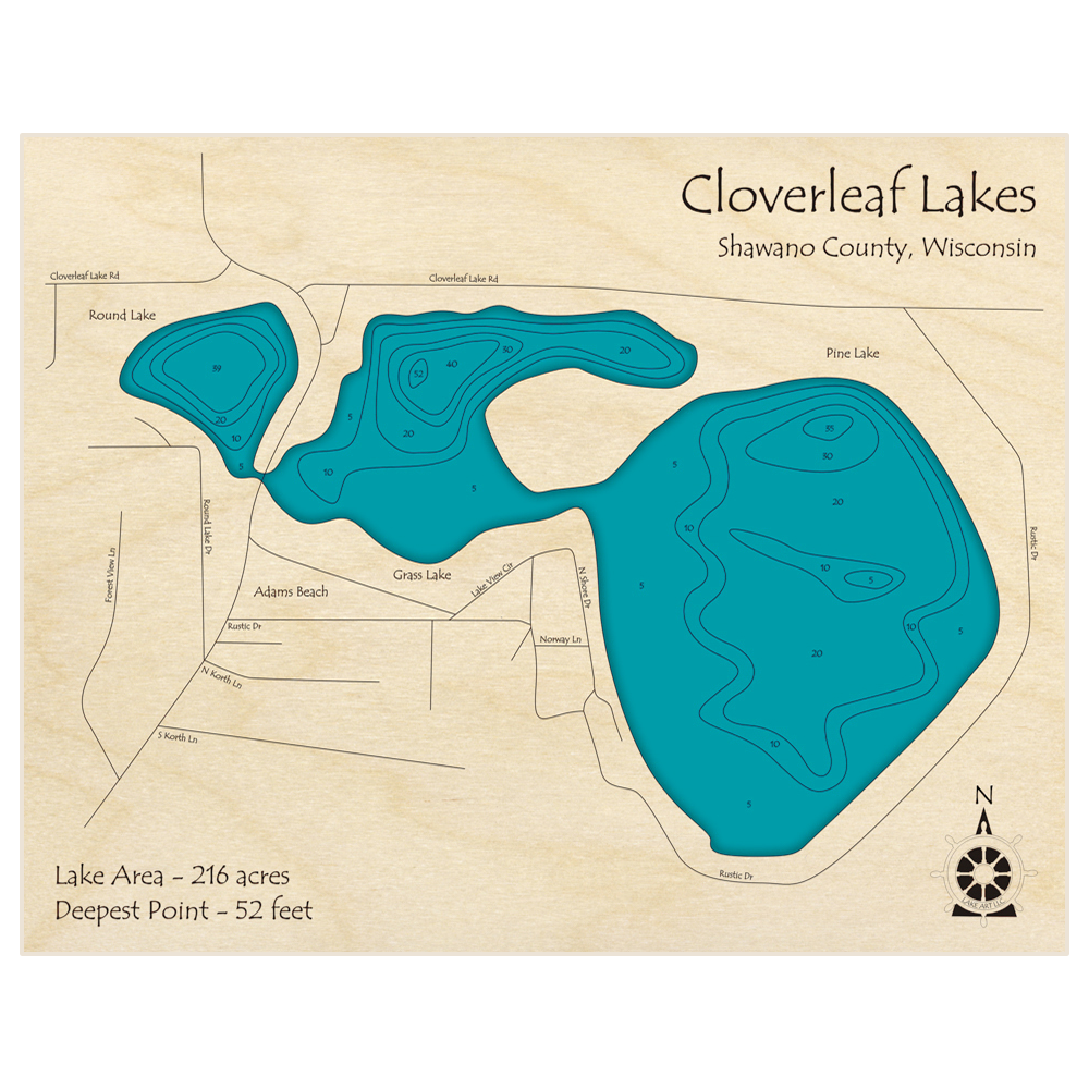 Bathymetric topo map of Cloverleaf Lakes (Round Pine and Grass Lakes) with roads, towns and depths noted in blue water