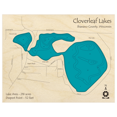 Bathymetric topo map of Cloverleaf Lakes (Round Pine and Grass Lakes) with roads, towns and depths noted in blue water