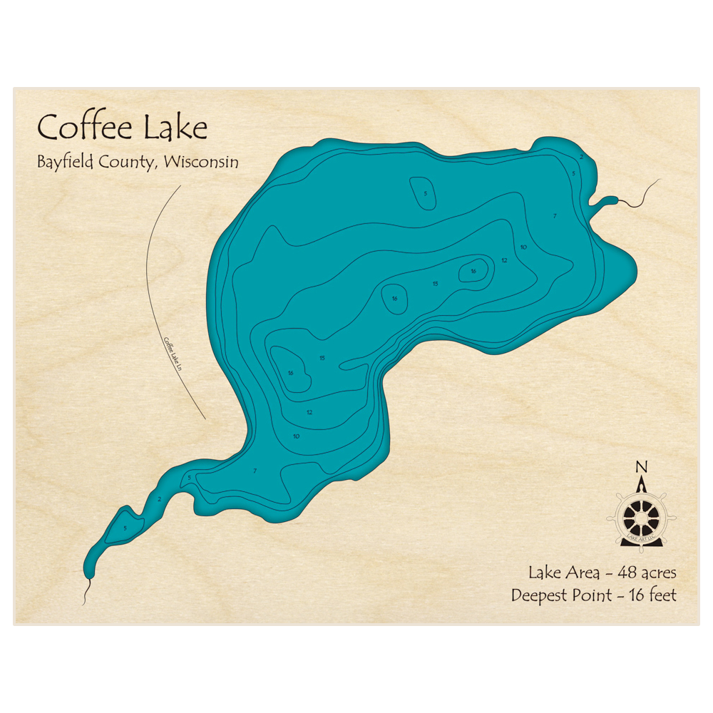 Bathymetric topo map of Coffee Lake with roads, towns and depths noted in blue water