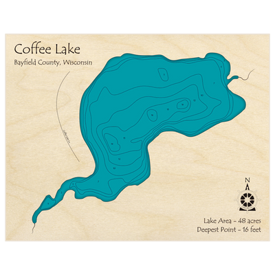 Bathymetric topo map of Coffee Lake with roads, towns and depths noted in blue water