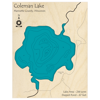 Bathymetric topo map of Coleman Lake with roads, towns and depths noted in blue water