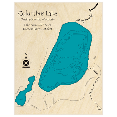 Bathymetric topo map of Columbus Lake with roads, towns and depths noted in blue water