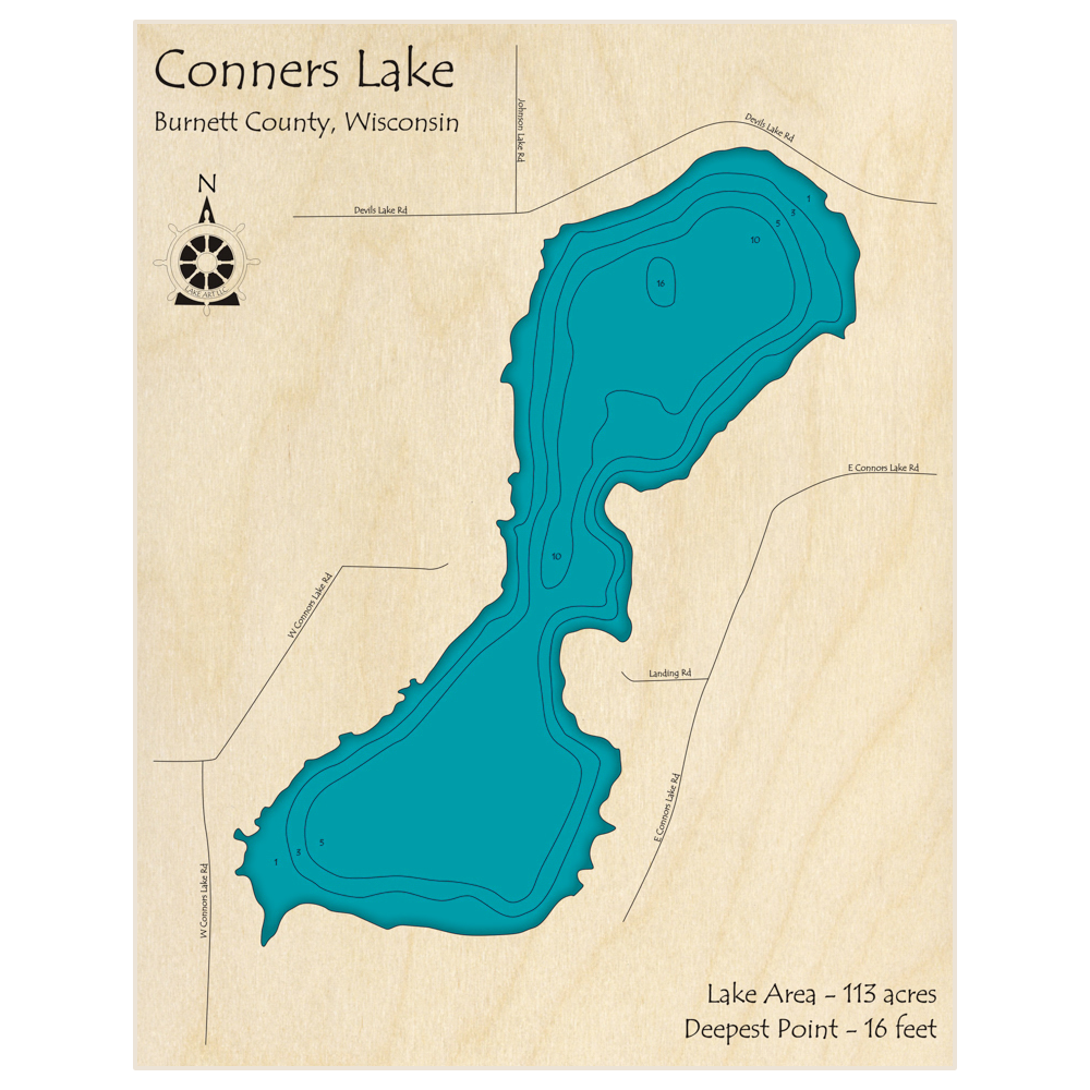 Bathymetric topo map of Conners Lake with roads, towns and depths noted in blue water