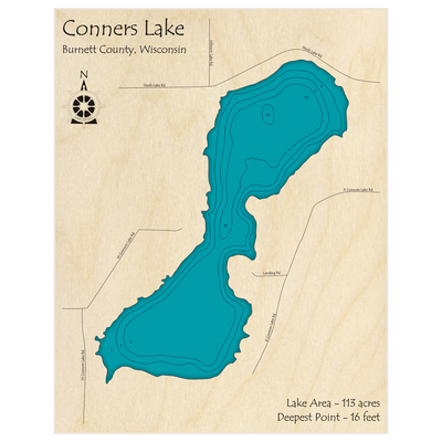 Bathymetric topo map of Conners Lake with roads, towns and depths noted in blue water