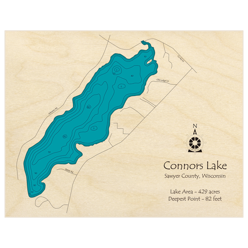 Bathymetric topo map of Connors Lake with roads, towns and depths noted in blue water