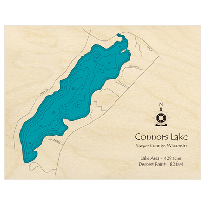 Bathymetric topo map of Connors Lake with roads, towns and depths noted in blue water