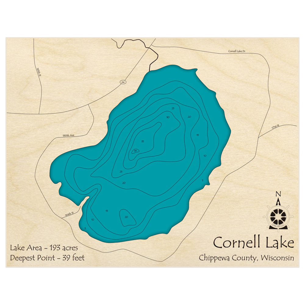 Bathymetric topo map of Cornell Lake with roads, towns and depths noted in blue water