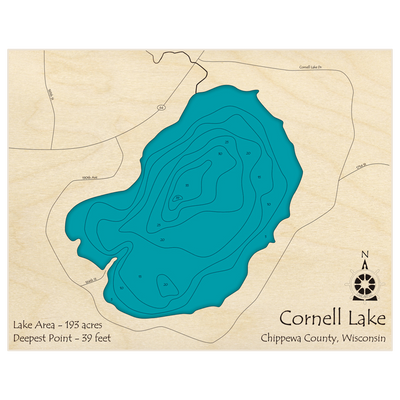 Bathymetric topo map of Cornell Lake with roads, towns and depths noted in blue water
