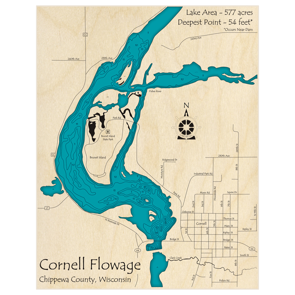 Bathymetric topo map of Cornell Flowage with roads, towns and depths noted in blue water
