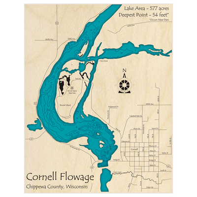 Bathymetric topo map of Cornell Flowage with roads, towns and depths noted in blue water