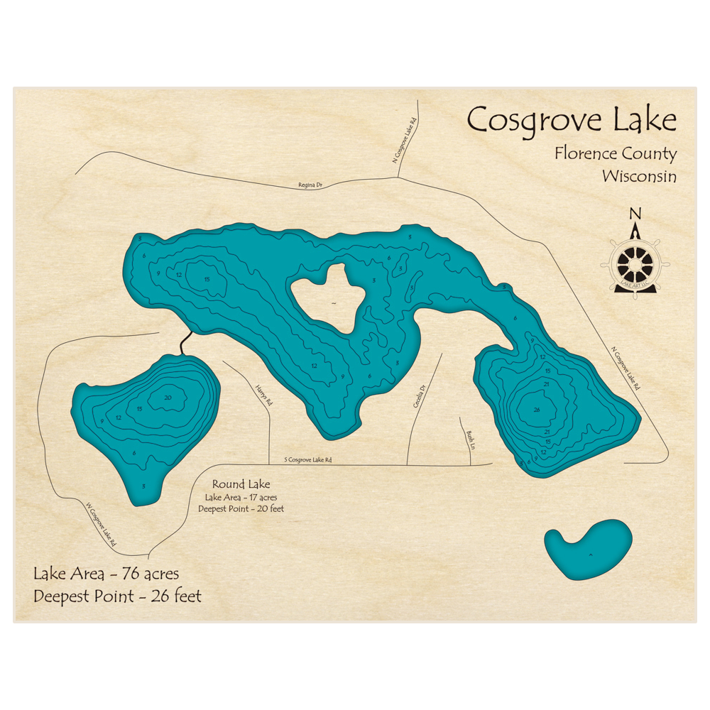 Bathymetric topo map of Cosgrove Lake with roads, towns and depths noted in blue water