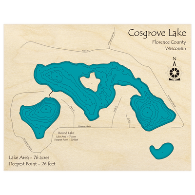 Bathymetric topo map of Cosgrove Lake with roads, towns and depths noted in blue water