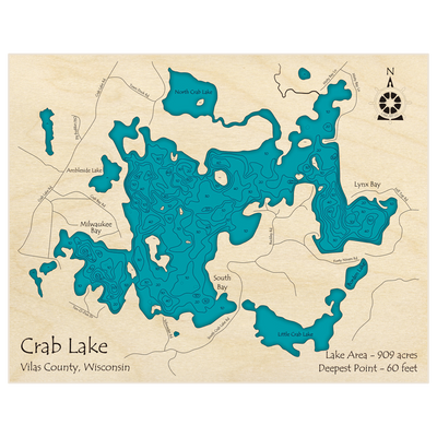 Bathymetric topo map of Crab Lake with roads, towns and depths noted in blue water