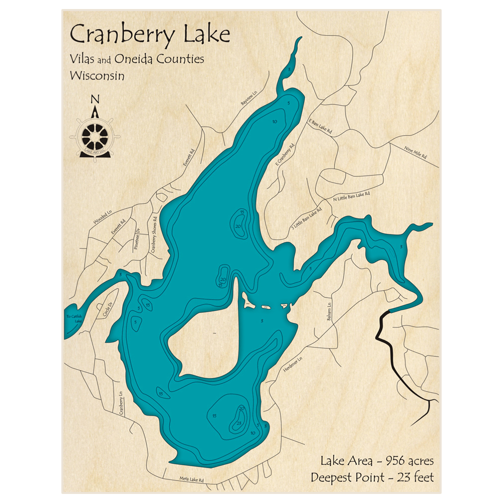 Bathymetric topo map of Cranberry Lake with roads, towns and depths noted in blue water
