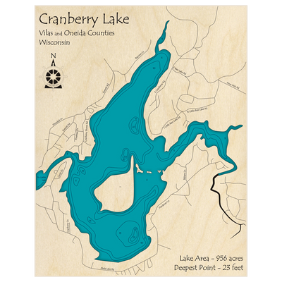 Bathymetric topo map of Cranberry Lake with roads, towns and depths noted in blue water
