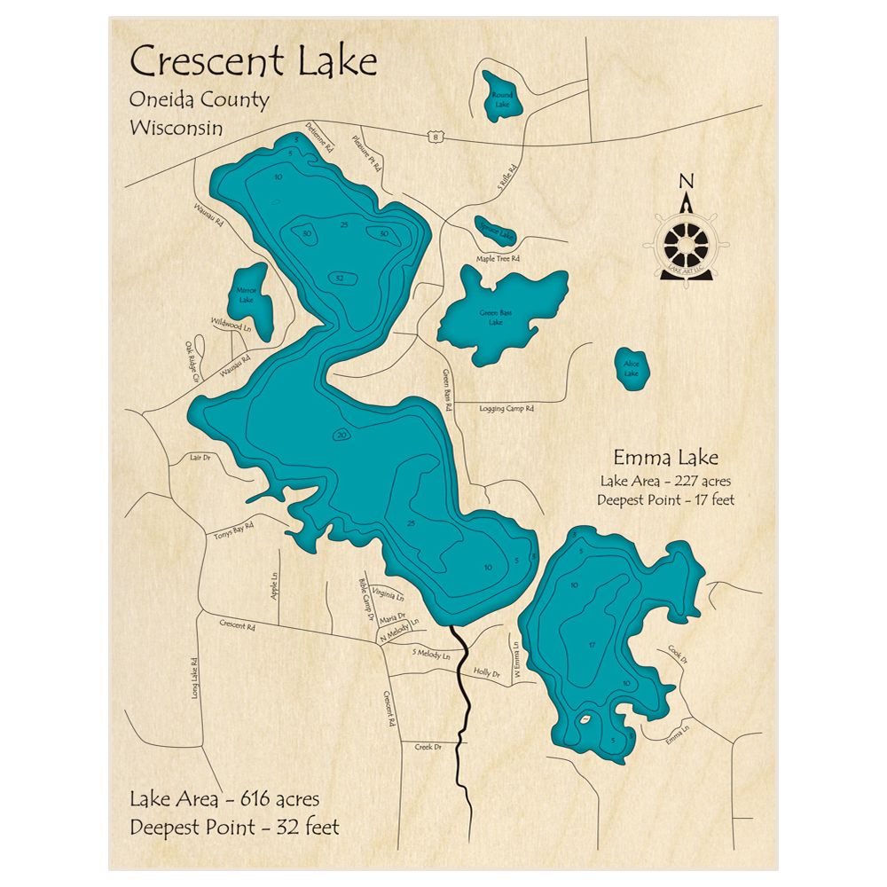 Bathymetric topo map of Crescent Lake (With Emma Lake) with roads, towns and depths noted in blue water