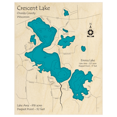 Bathymetric topo map of Crescent Lake (With Emma Lake) with roads, towns and depths noted in blue water