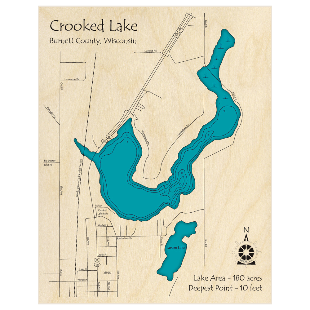 Bathymetric topo map of Crooked Lake (Near Siren) with roads, towns and depths noted in blue water