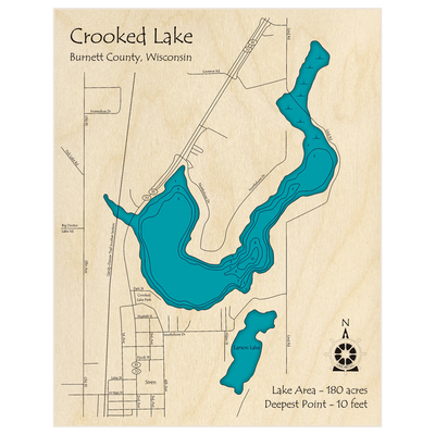 Bathymetric topo map of Crooked Lake (Near Siren) with roads, towns and depths noted in blue water