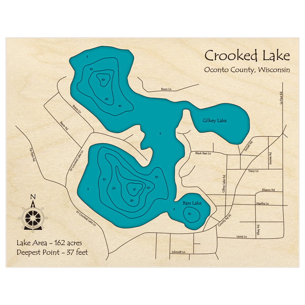 Bathymetric topo map of Crooked Lake with roads, towns and depths noted in blue water