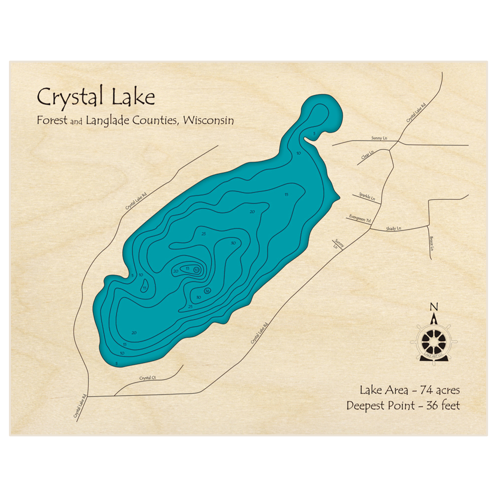 Bathymetric topo map of Crystal Lake with roads, towns and depths noted in blue water