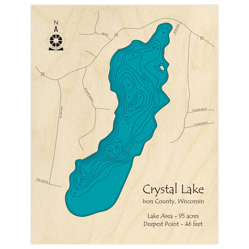 Bathymetric topo map of Crystal Lake with roads, towns and depths noted in blue water