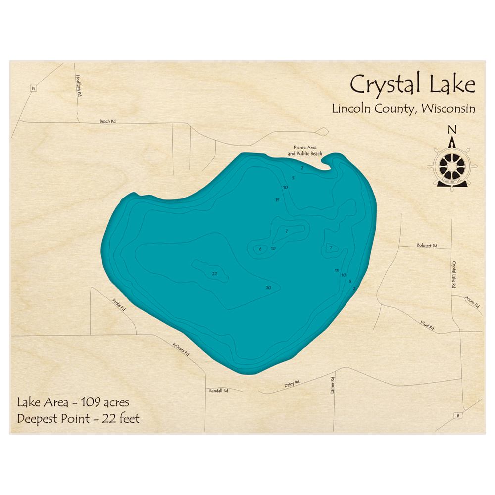 Bathymetric topo map of Crystal Lake with roads, towns and depths noted in blue water