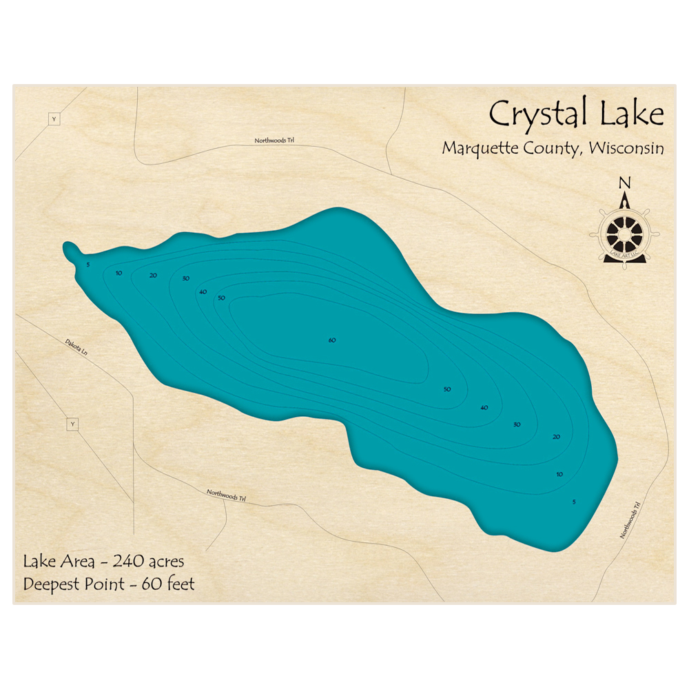 Bathymetric topo map of Crystal Lake with roads, towns and depths noted in blue water