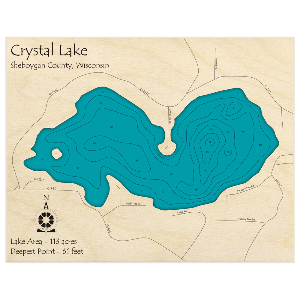 Bathymetric topo map of Crystal Lake with roads, towns and depths noted in blue water