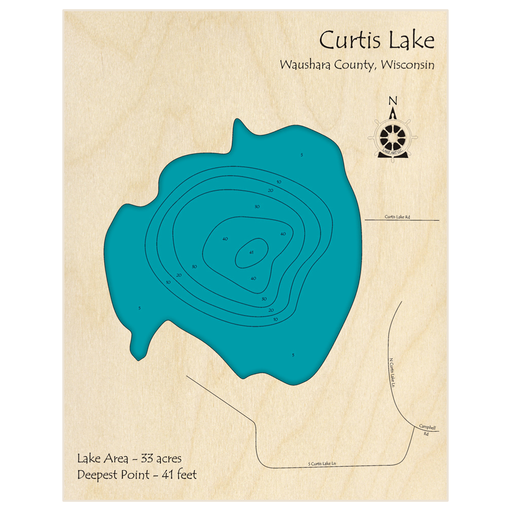 Bathymetric topo map of Curtis Lake with roads, towns and depths noted in blue water
