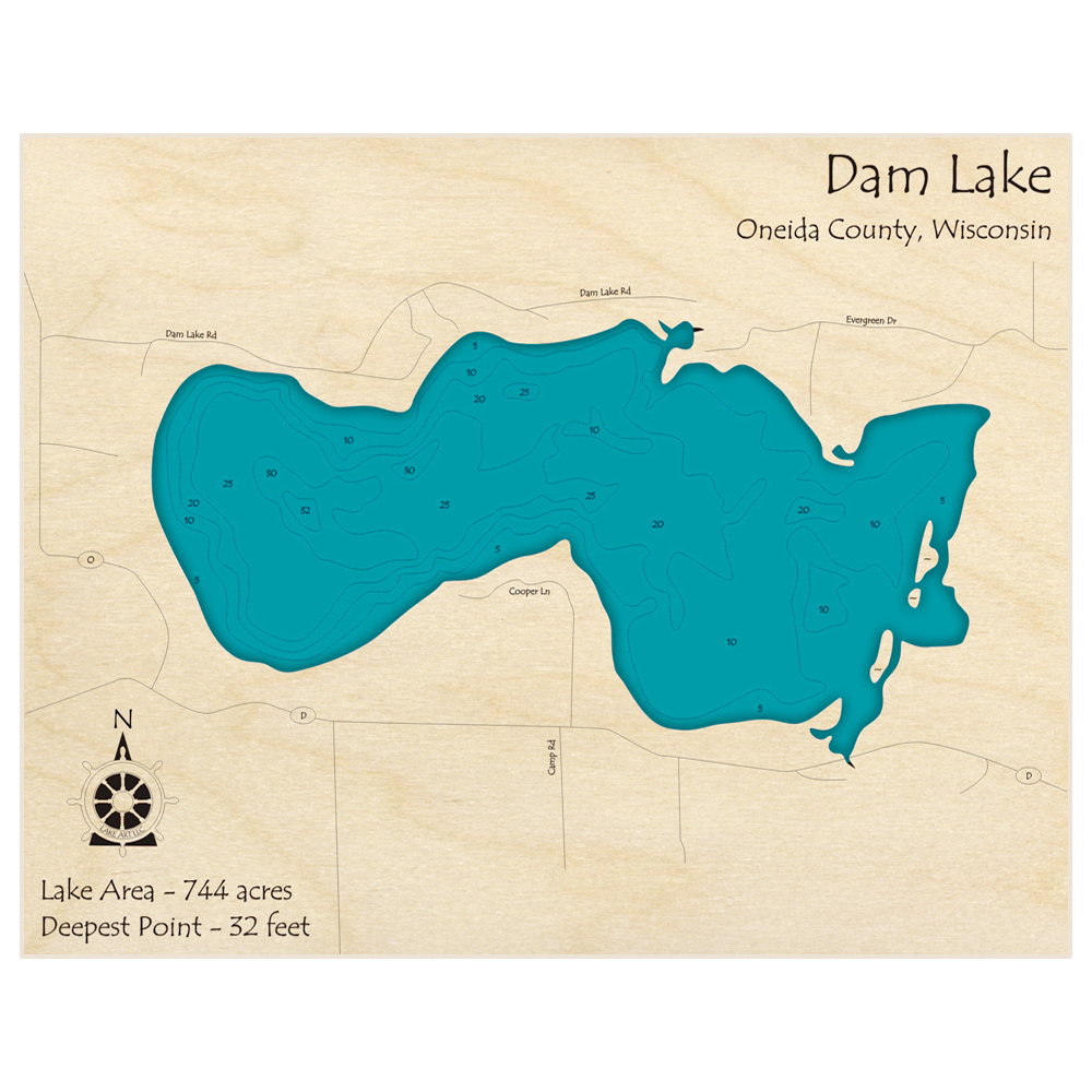 Bathymetric topo map of Dam Lake with roads, towns and depths noted in blue water