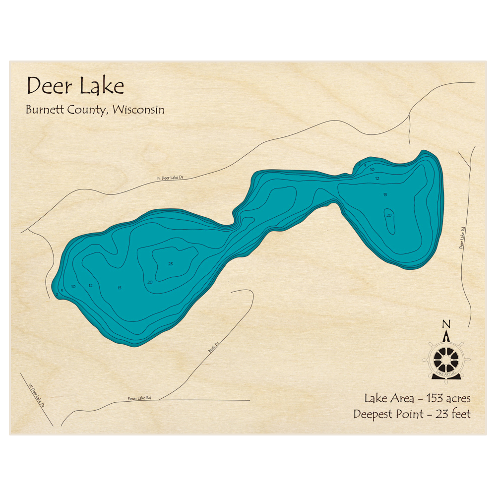 Bathymetric topo map of Deer Lake with roads, towns and depths noted in blue water