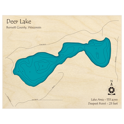 Bathymetric topo map of Deer Lake with roads, towns and depths noted in blue water