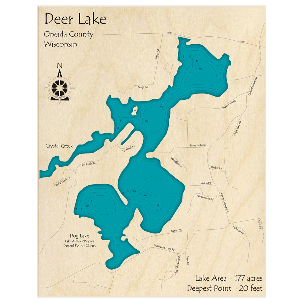 Bathymetric topo map of Deer Lake (With Dog Lake) with roads, towns and depths noted in blue water