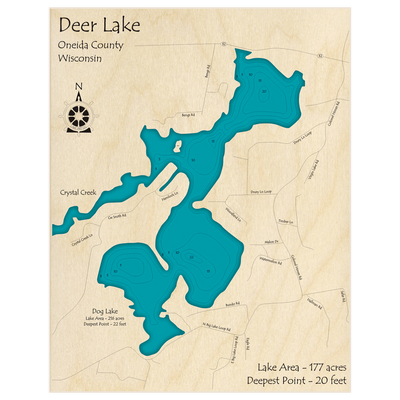 Bathymetric topo map of Deer Lake (With Dog Lake) with roads, towns and depths noted in blue water