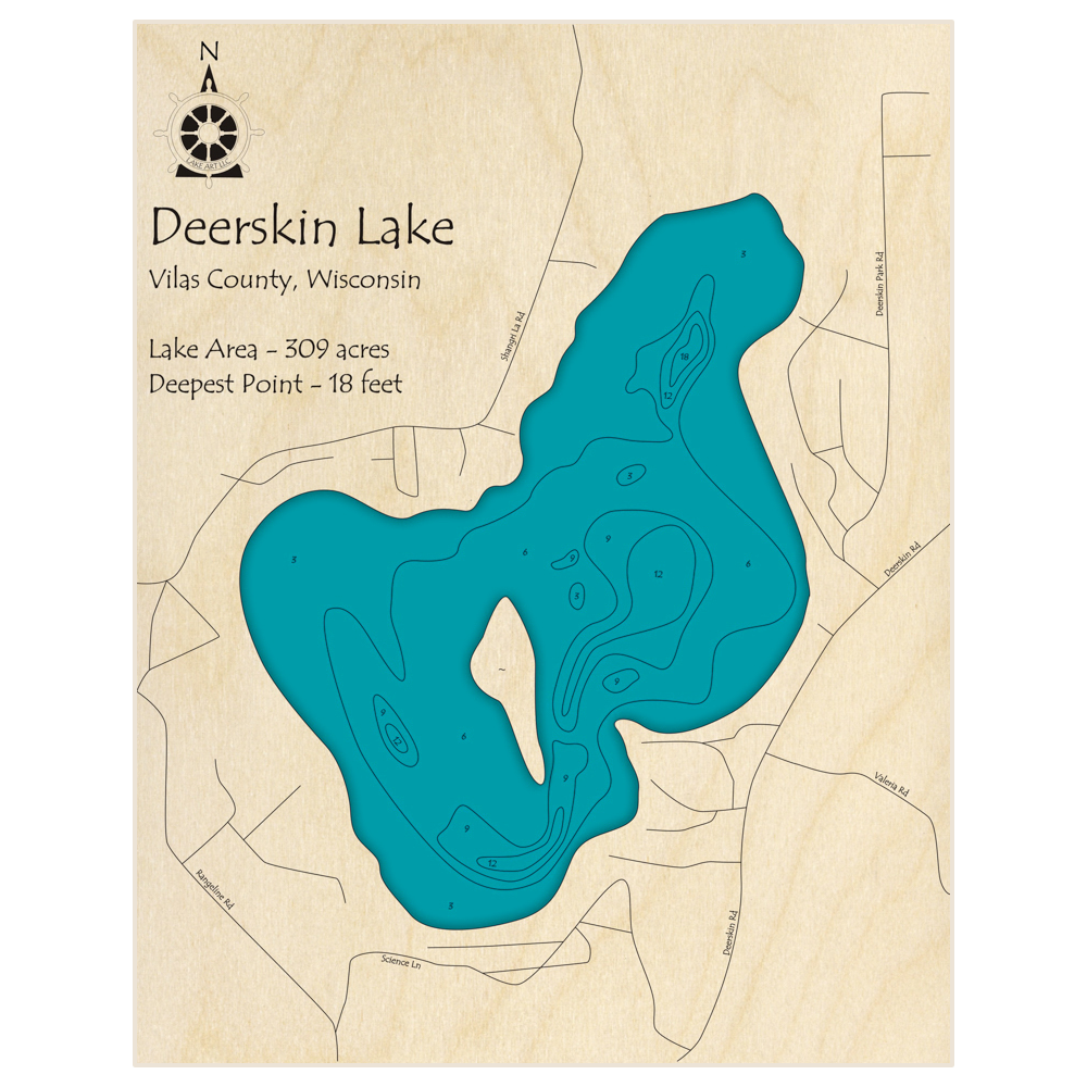 Bathymetric topo map of Deerskin Lake with roads, towns and depths noted in blue water